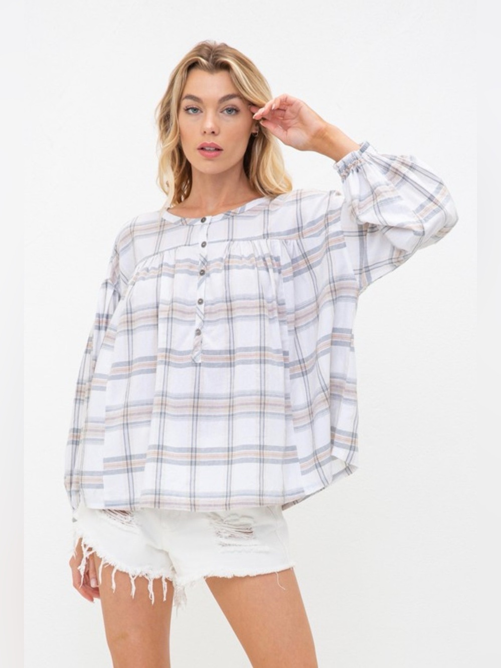 Relaxed Plaid Peasant Tunic - White & Light Gray